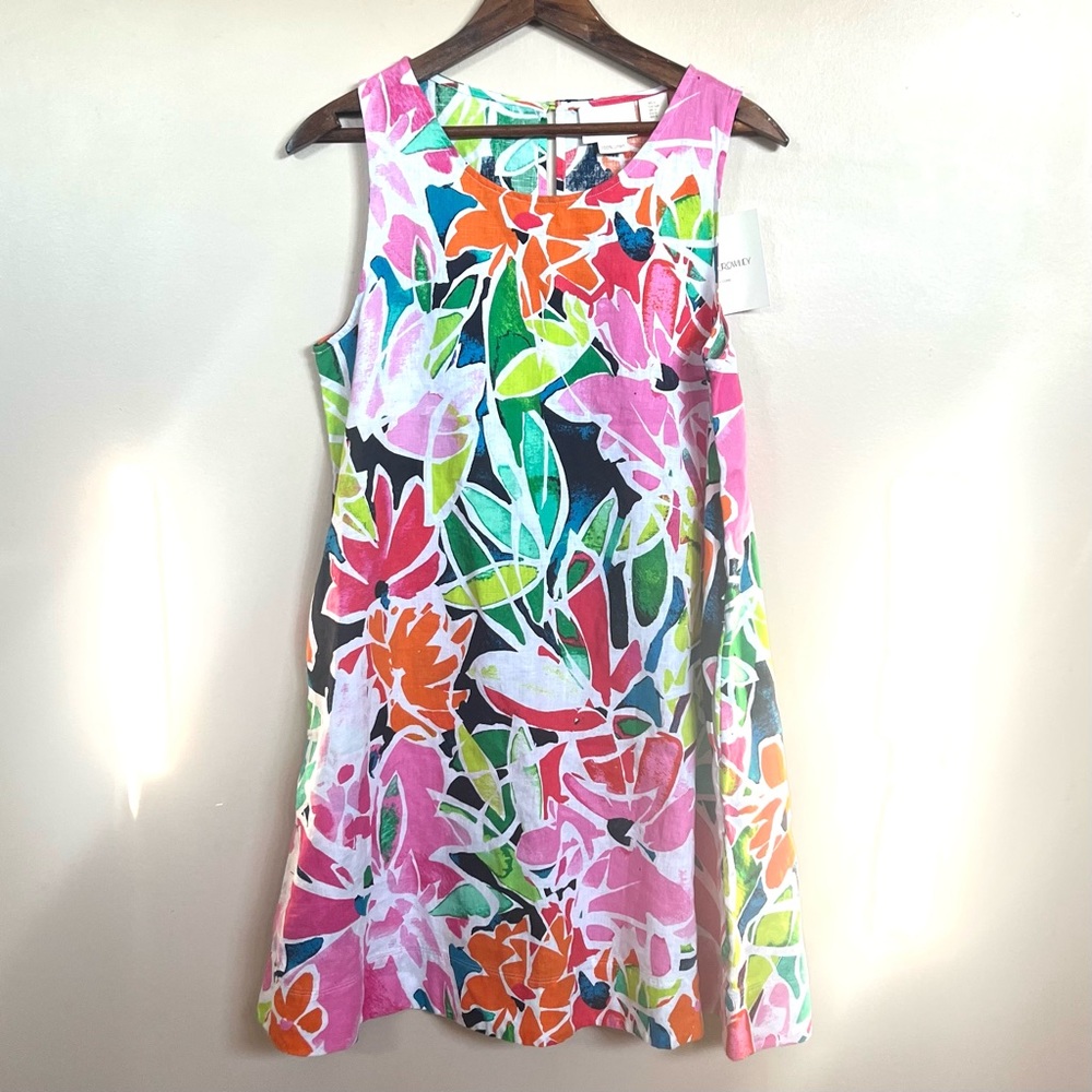 Cynthia Rowley Mosaic Floral Linen Dress Pockets Keyhole back sz S  NWT